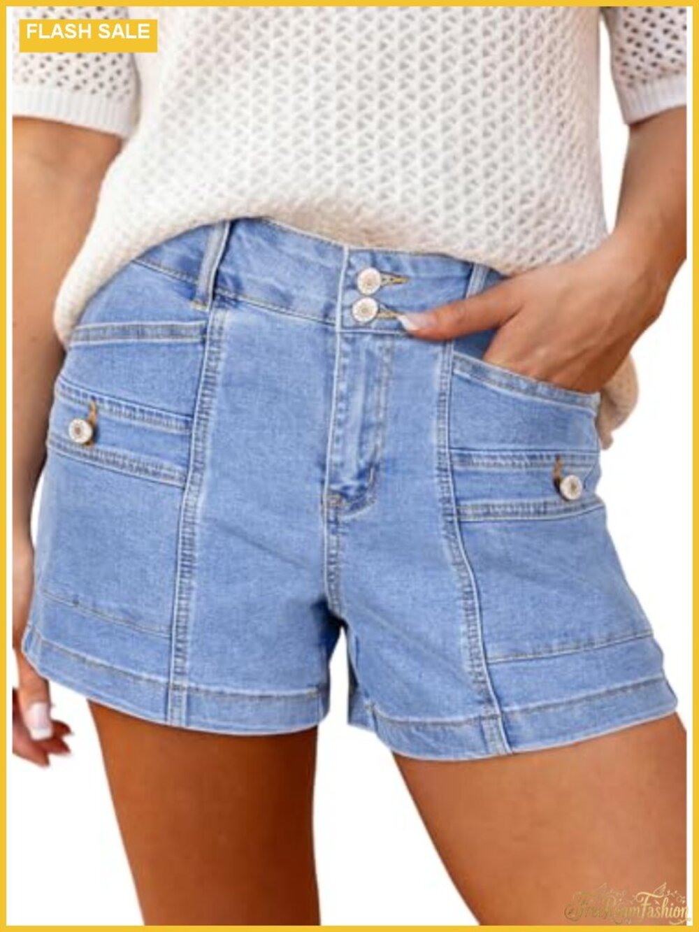 High Waisted Stretchy Denim Jean Shorts Double Button Fly A-Line